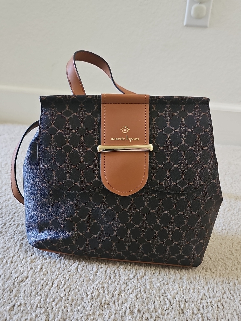 Nanette Lepore Black and Brown Monogram Backpack